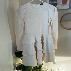 AQUA Ivory Knit Boucle Puff Sleeve Tiered Ruffle Mini Dress NWT Womens Medium